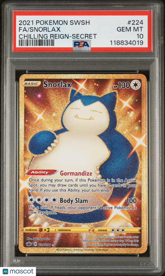 2021 Pokemon Sword & Shield Chilling Reign Snorlax #224/198 PSA 10