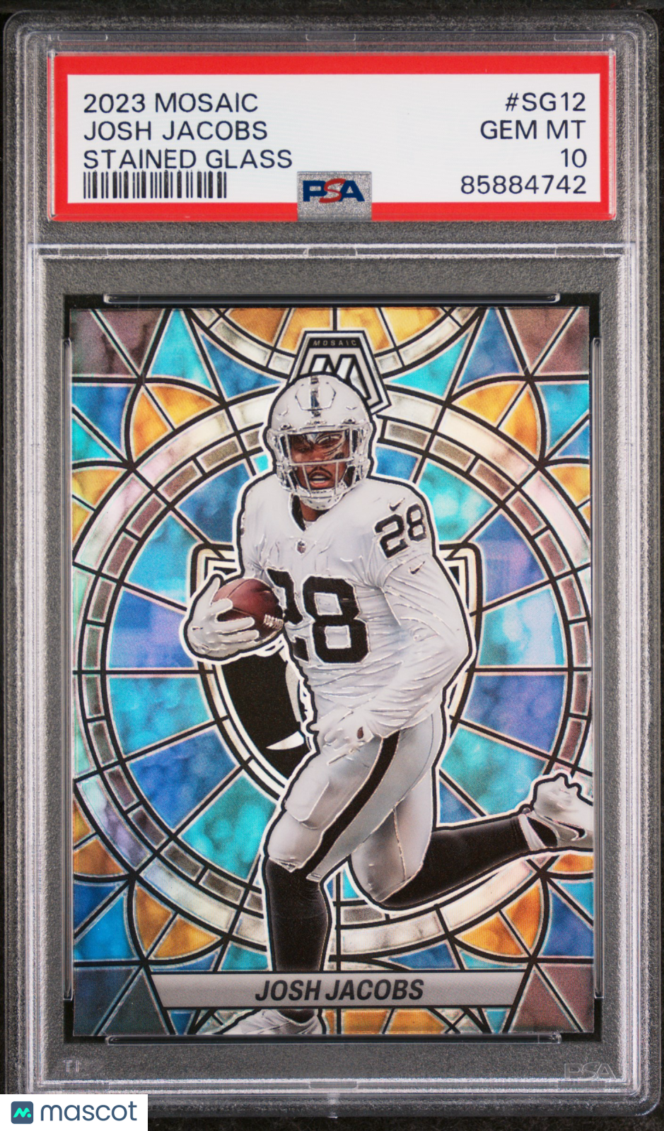 2023 Panini Mosaic Josh Jacobs #SG-12 Stained Glass Raiders PSA 10