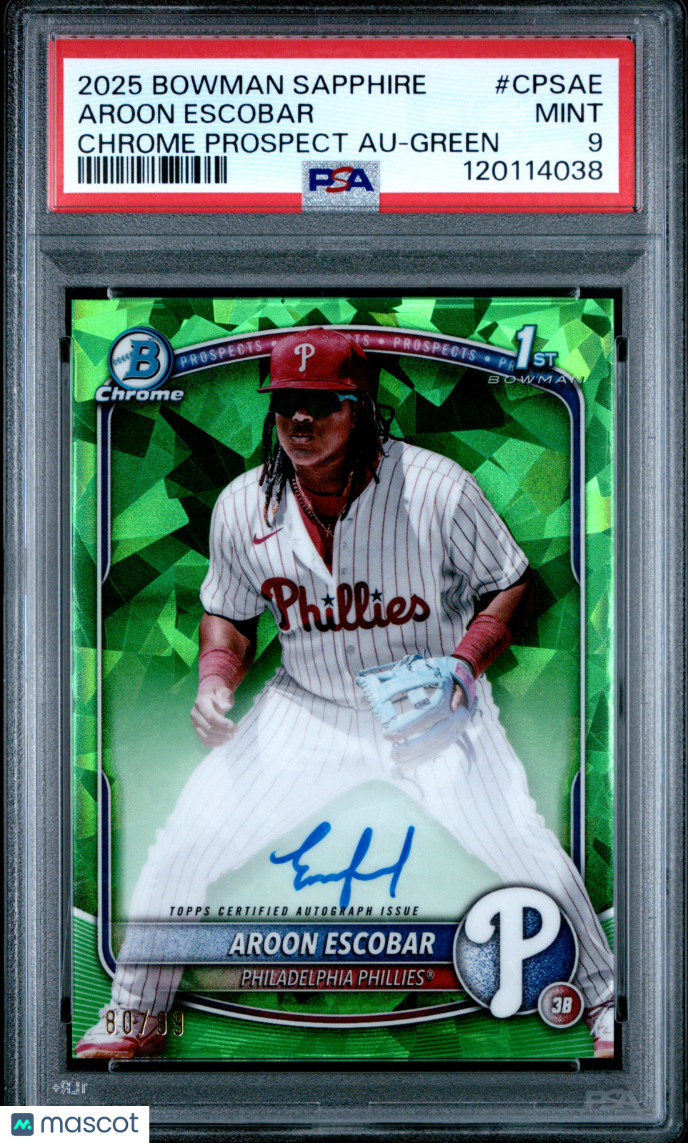 2025 Bowman Chrome Sapphire Aroon Escobar Green Sapphire Auto /99 PSA 9