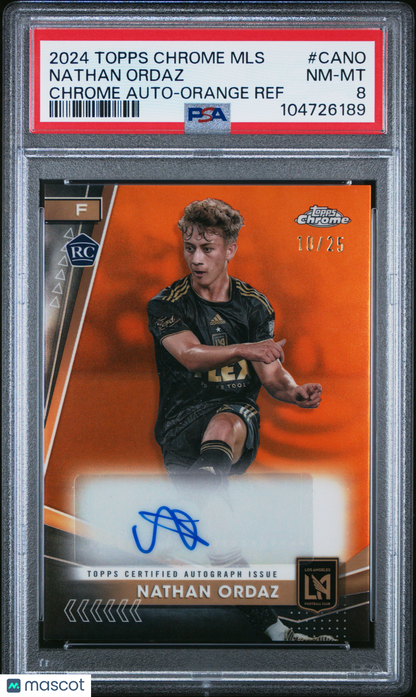 2024 Topps Chrome MLS Chrome Auto Nathan Ordaz #CANO Orange Ref /25 PSA 8 RC
