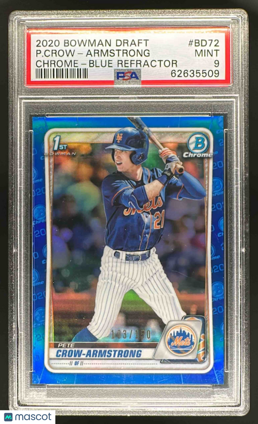 2020 Bowman Draft Pete Crow-Armstrong #BD-72 Chrome Blue Refractor /150  PSA 9