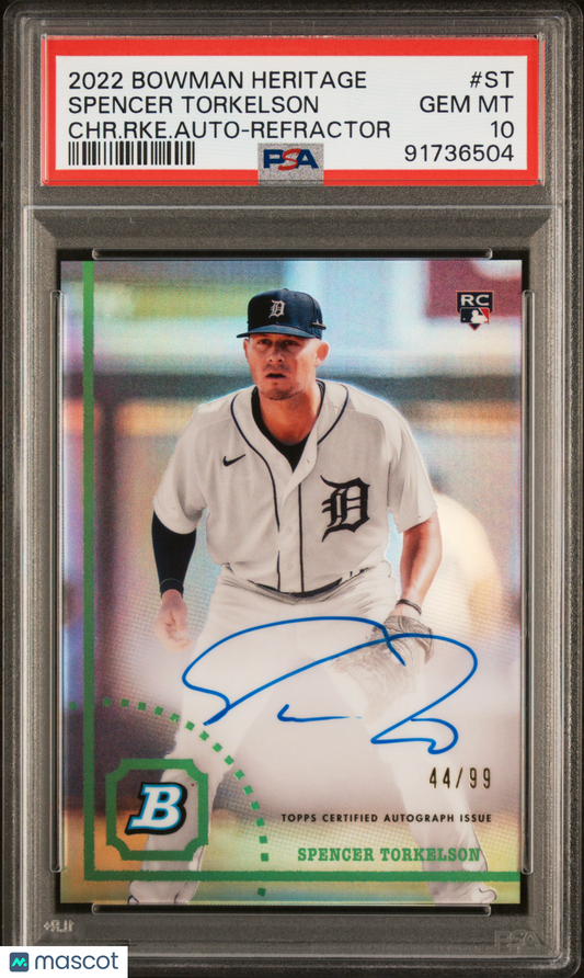 2022 Bowman Heritage Spencer Torkelson Green Refractor Auto Rookie /99 PSA 10