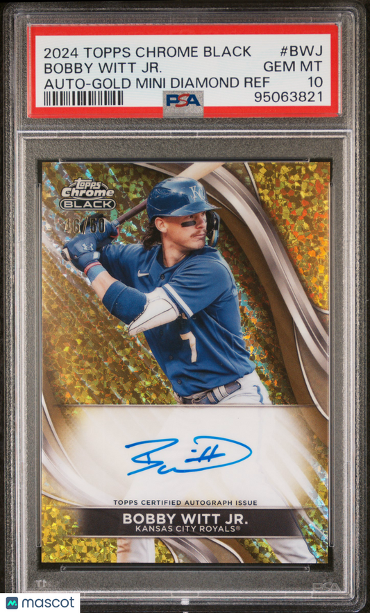 2024 Topps Chrome Black Bobby Witt Jr Mini Diamond Gold Auto /50 PSA 10