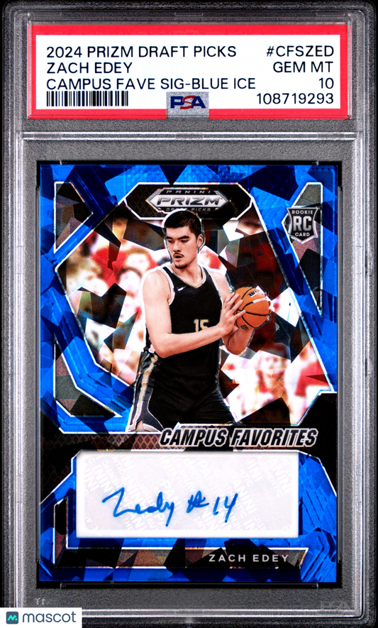 2024-25 Prizm Zach Edey DP Blue Ice Rookie Auto /75 PSA 10