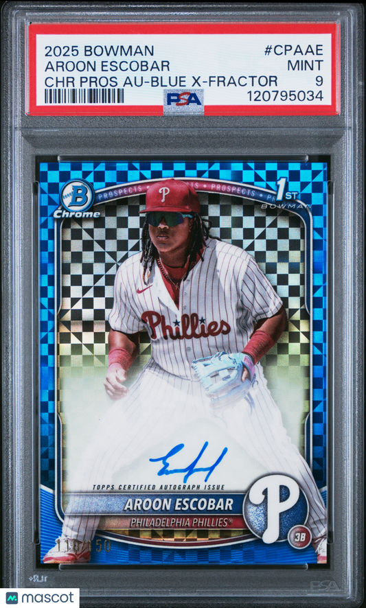 2025 Bowman Chrome Aroon Escobar Blue X-Fractor Auto /150 PSA 9