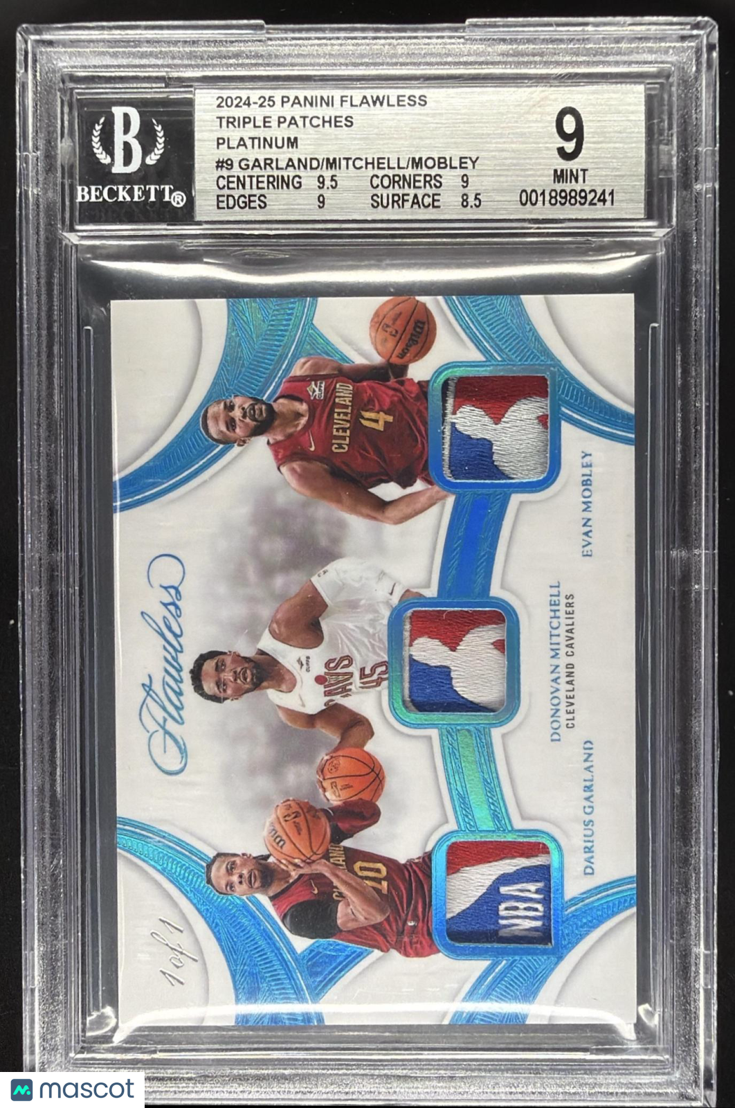 2024-25 Flawless Garland Donovan Mitchell Mobley 1/1 Game Used Logo Patch BGS 9