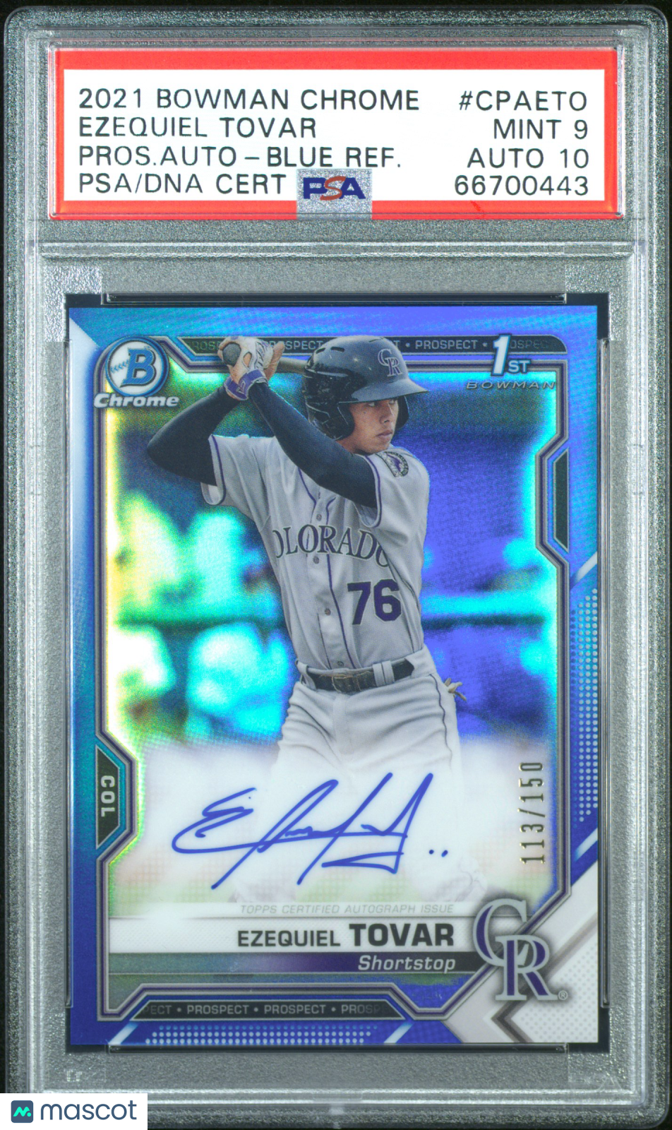 2021 Bowman Chrome Ezequiel Tovar Blue Refractor Auto /150 PSA 9/10