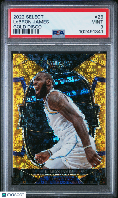 2022-23 Panini Select LeBron James #26 Gold Disco Prizms 6/10 JSY # PSA 9