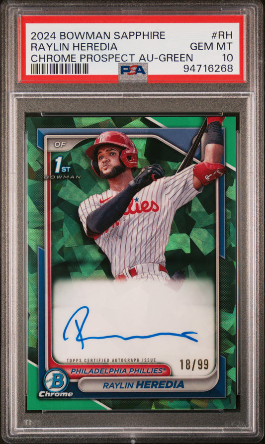 2024 Bowman Sapphire Raylin Heredia Green Auto 18/99 PSA 10
