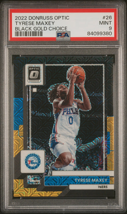 2022 Optic Tyrese Maxey Black Gold Choice /8 PSA 9