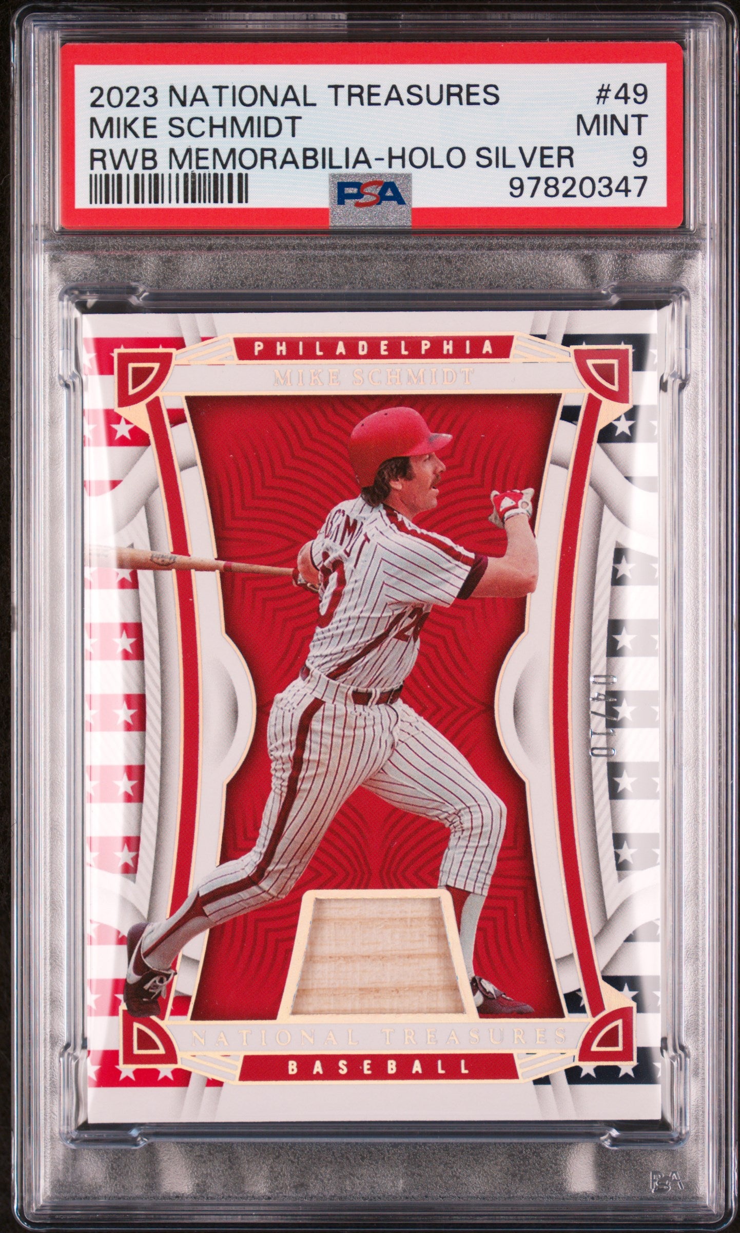 2023 National Treasures Mike Schmidt Holo Silver Game Used Bat 04/10 PSA 9